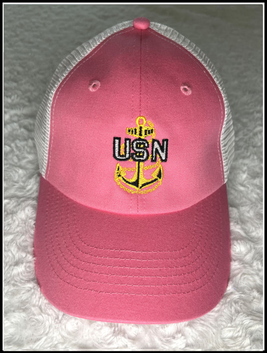 Pink & White Trucker Hat w Gold Anchor