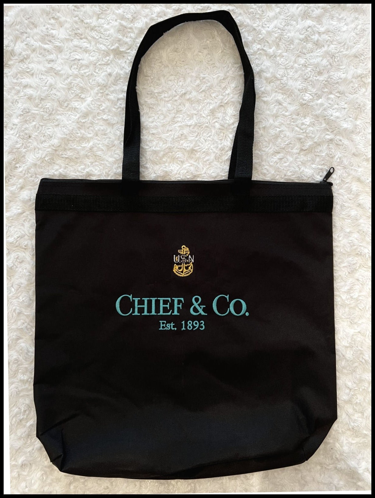 Chief & Co. Embroidered Zippered Tote Black & Tahiti Blue with Gold Anchor