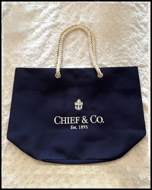 Chief & Co. Embroidered Rope Tote Navy Blue & Creme