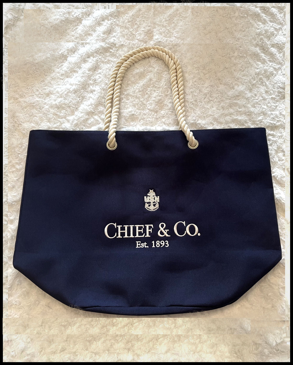 Chief & Co. Embroidered Rope Tote Navy Blue & Creme