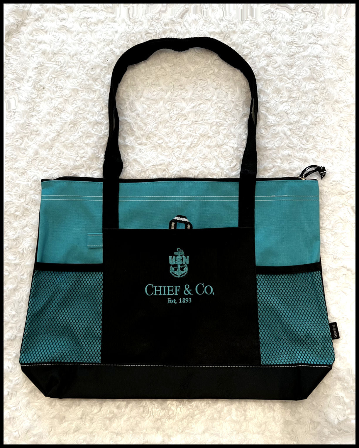 Chief & Co. Embroidered Zippered Tote Tahiti Blue & Black