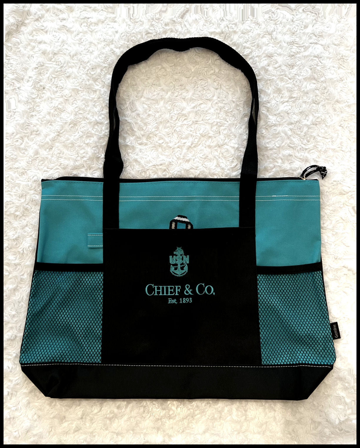 Chief & Co. Embroidered Zippered Tote Tahiti Blue & Black