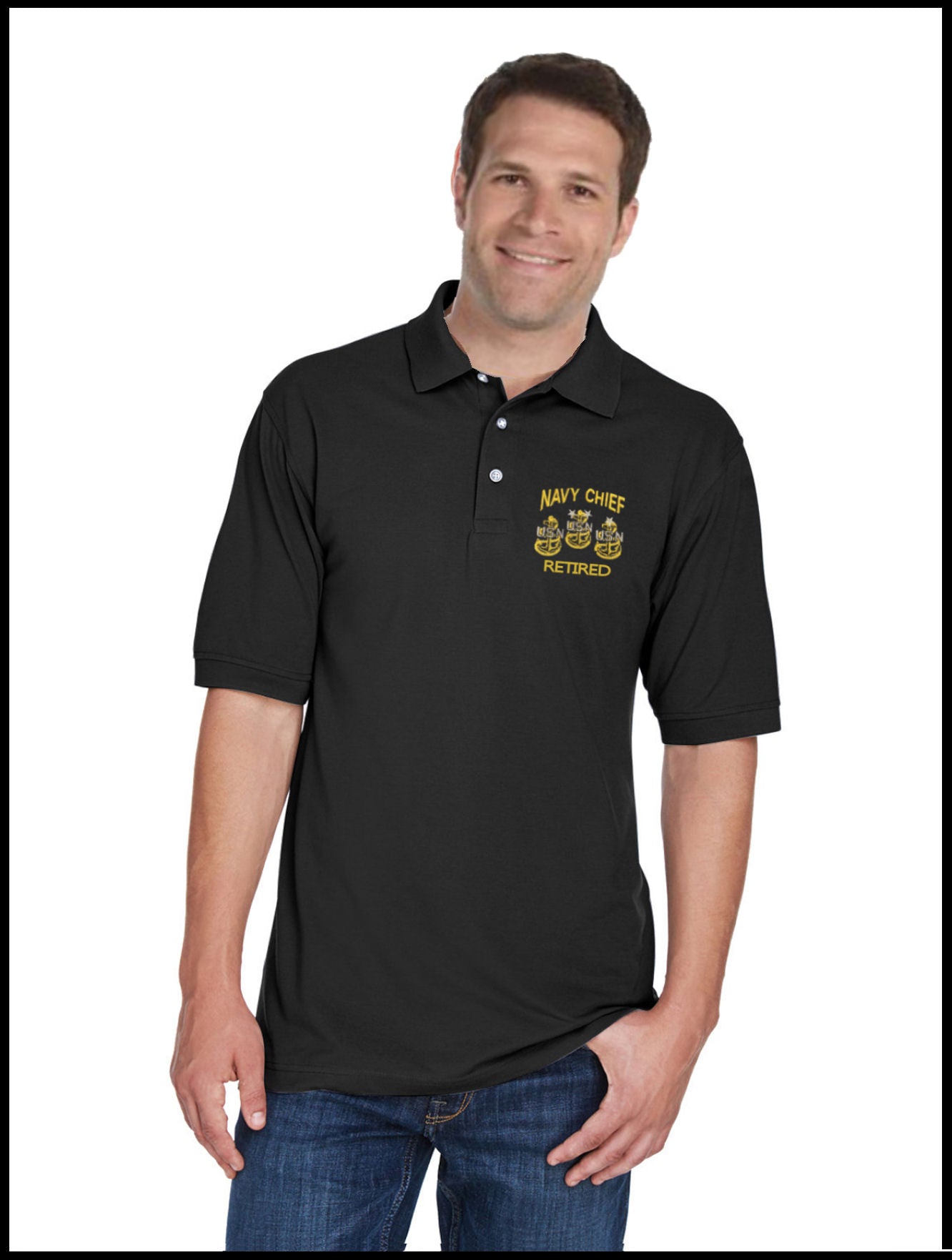 Retired CPO Navy Chief, Navy Pride Black Polo Shirt 3 Anchors