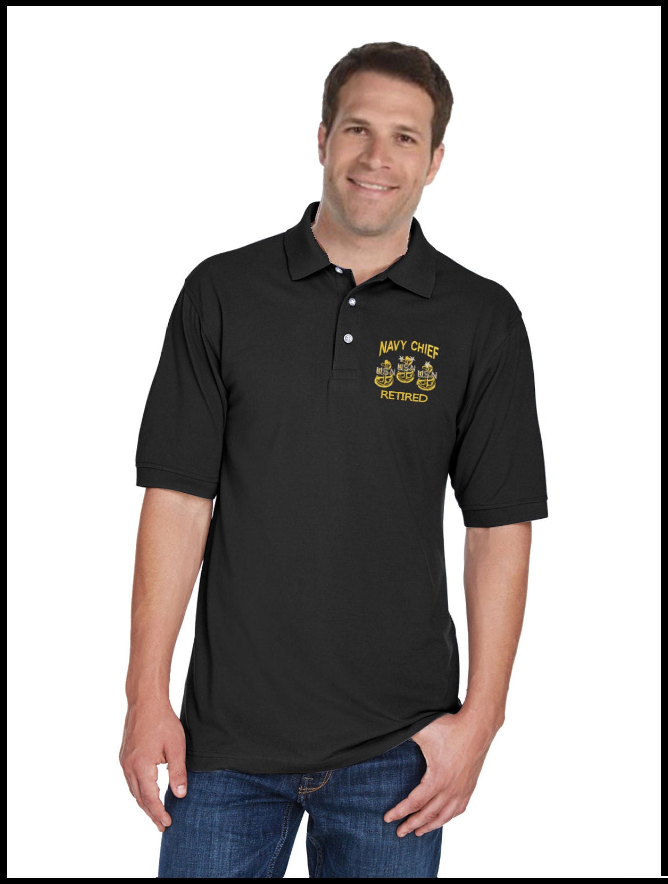 Retired CPO Navy Chief, Navy Pride Navy Blue Polo Shirt 3 Anchors