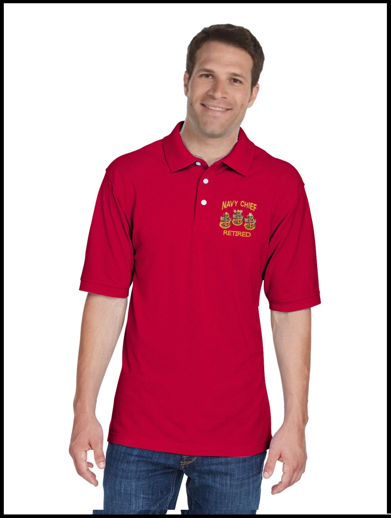 Retired CPO Navy Chief, Navy Pride Red Polo Shirt 3 Anchors