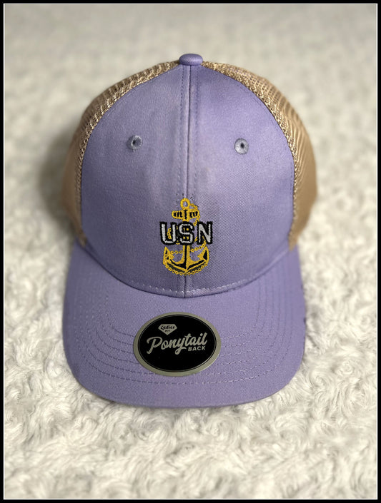 Lavender and Tan CPO Ponytail Trucker Hat