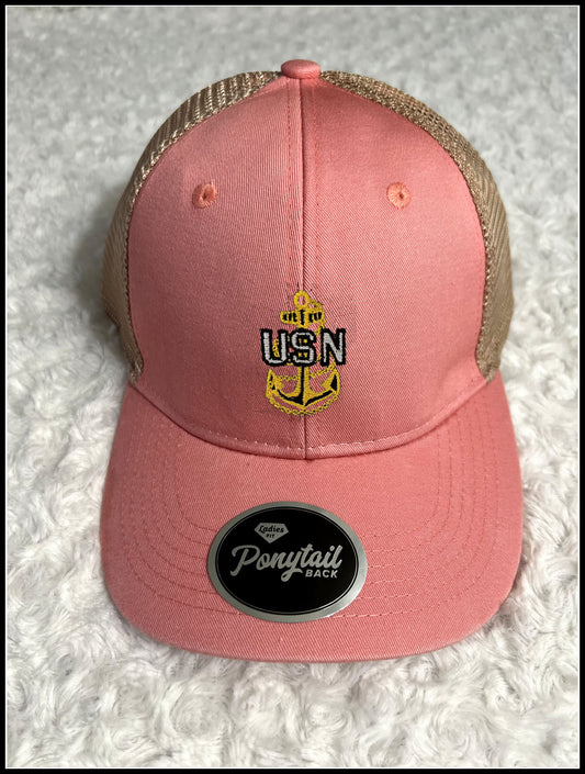 Light Coral and Tan CPO Ponytail Trucker Hat