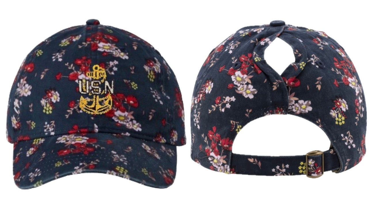 Floral Navy Blue CPO Ponytail Hat