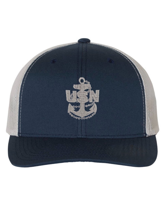 Navy Blue and Grey Trucker Hat with Grey Anchor