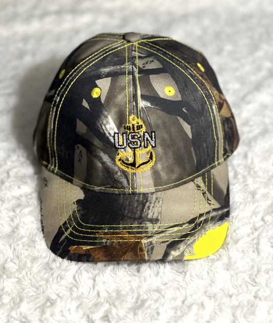Distressed Hunters Camo and Yellow CPO Hat with Gold Anchor