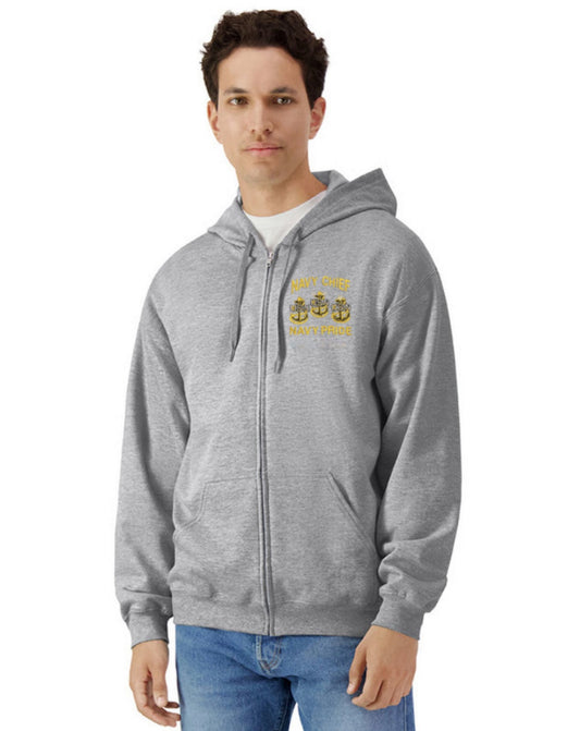 Navy Chief Navy Pride Embroidered Front Heather Grey Hooded Zip Sweatshirt