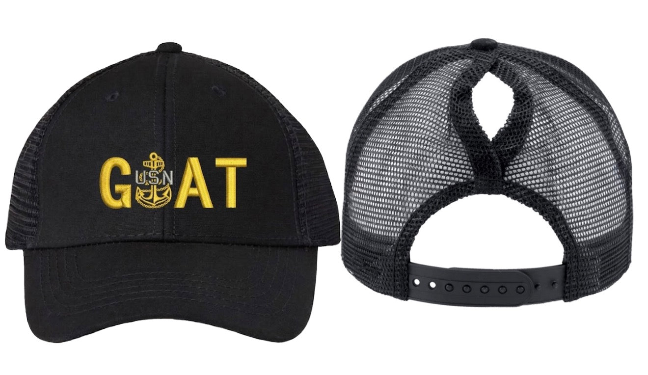 Ponytail Black GOAT Trucker Hat