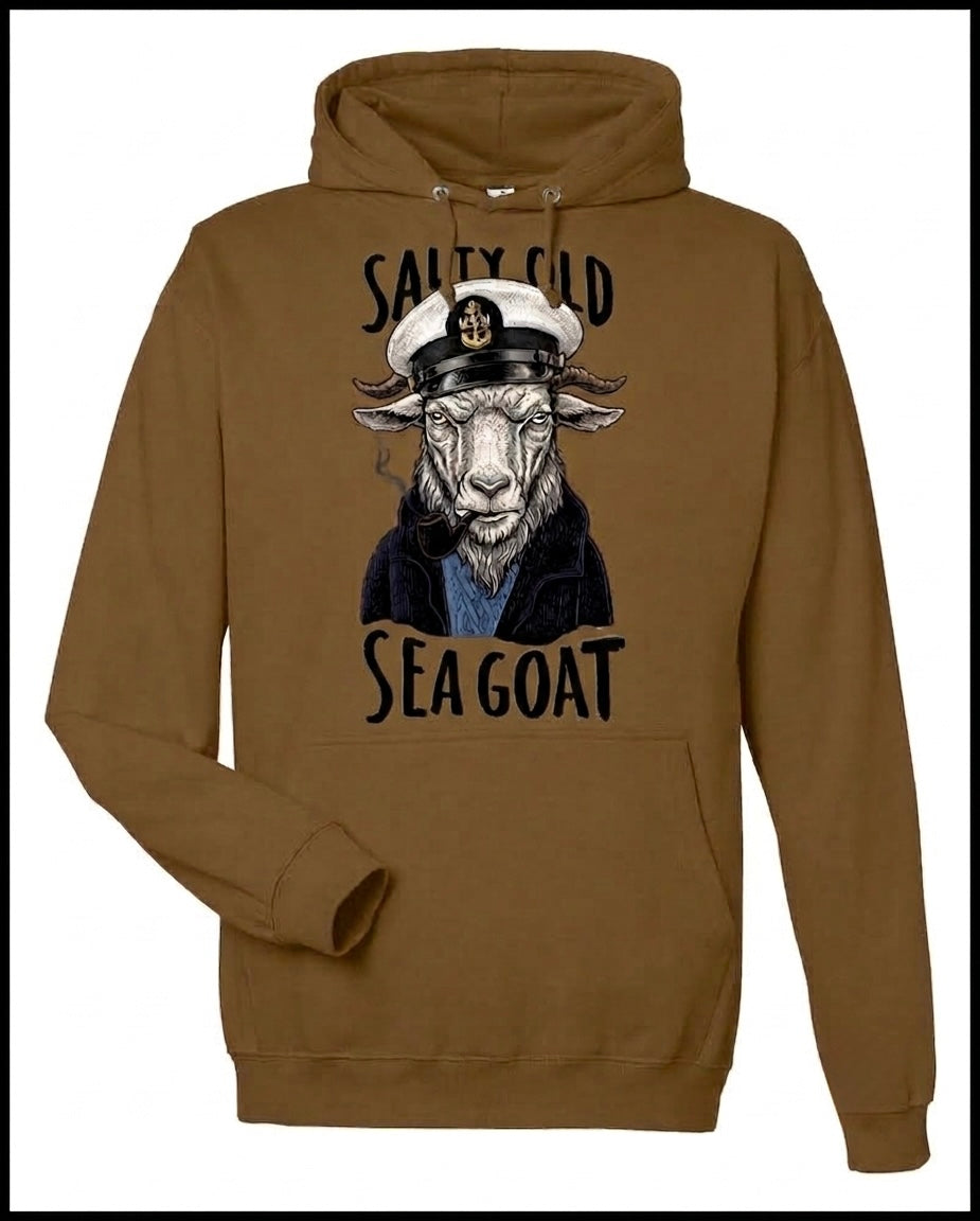 Salty Old Sea Goat Coyote Brown Hooded Sweatshirt with White Goat