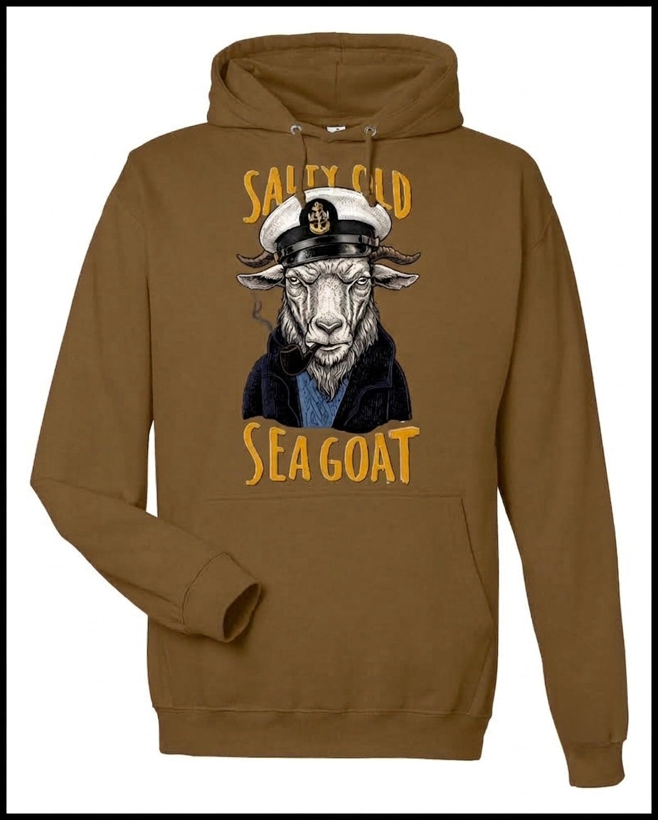 Salty Old Sea Goat Coyote Brown Hooded Sweatshirt with White Goat
