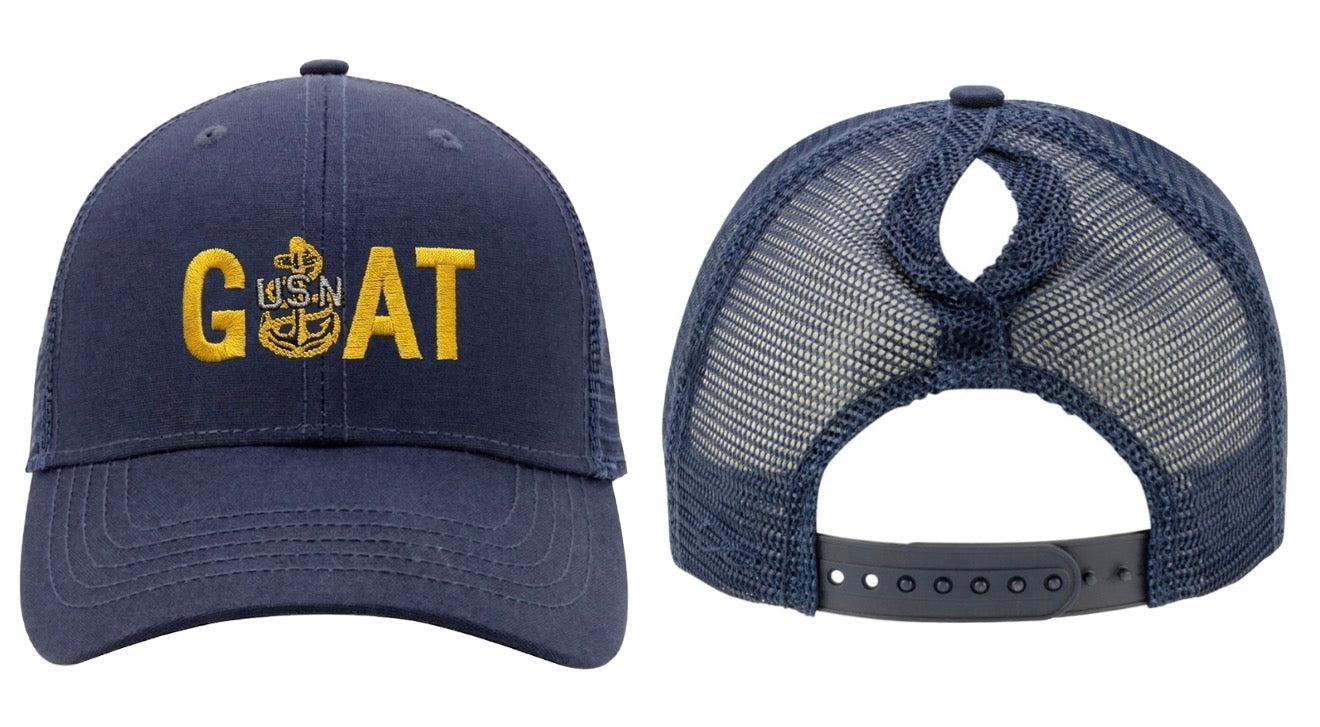 Ponytail Navy Blue GOAT Trucker Hat