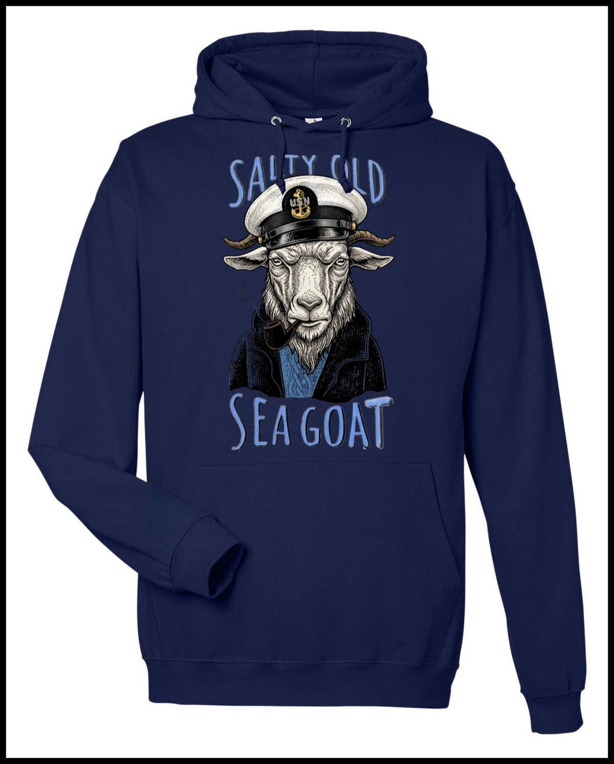 Salty Old Sea Goat Navy Blue Hooded Sweatshirt with White Goat