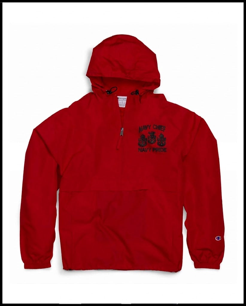 Red Champion with Black Embroidery Navy Chief Navy Pride Quarter-Zip Windbreaker
