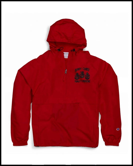 Red Champion with Black Embroidery Navy Chief Navy Pride Quarter-Zip Windbreaker