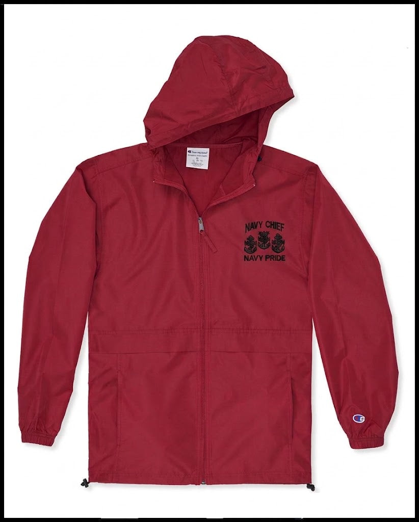 Red Full Zip Up Champion with Black Embroidery Navy Chief Navy Pride Windbreaker Jacket