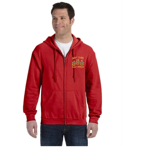 Navy Chief Navy Pride Embroidered Red Zipped Hooded Sweatshirt