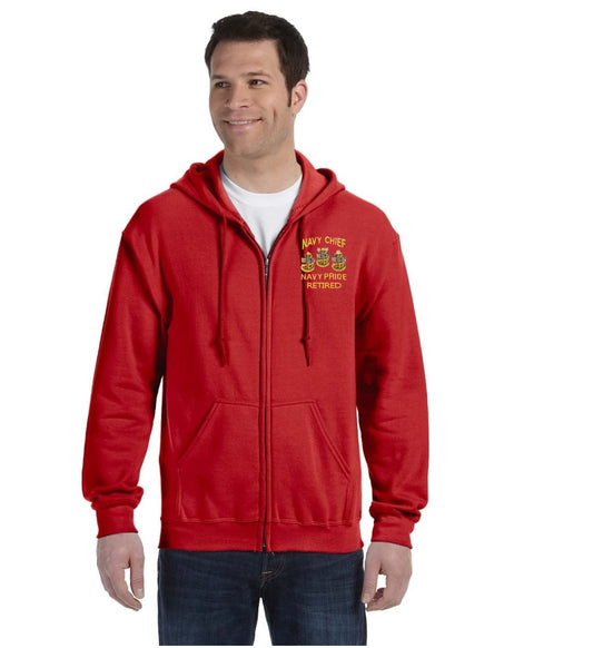 Retired Navy Chief Navy Pride Embroidered Red Zipped Hooded Sweatshirt