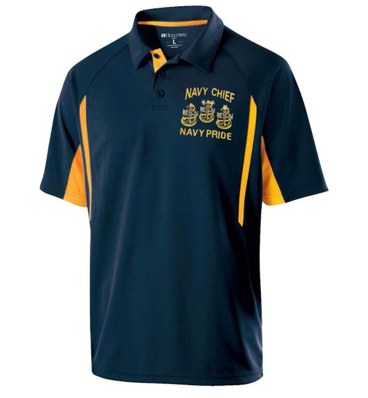 CPO Navy Chief, Navy Pride Two-Tone Navy Blue and Golden Yellow Performance Polo Shirt 3 Anchors