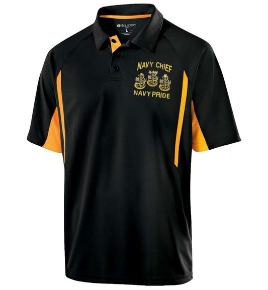 CPO Navy Chief, Navy Pride Two-Tone Black and Golden Yellow Performance Polo Shirt 3 Anchors