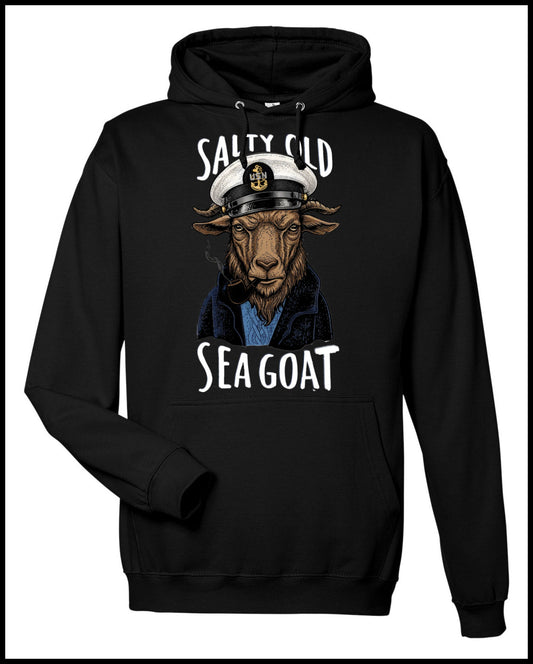 Salty Old Sea Goat Black Hooded Sweatshirt with Brown Goat