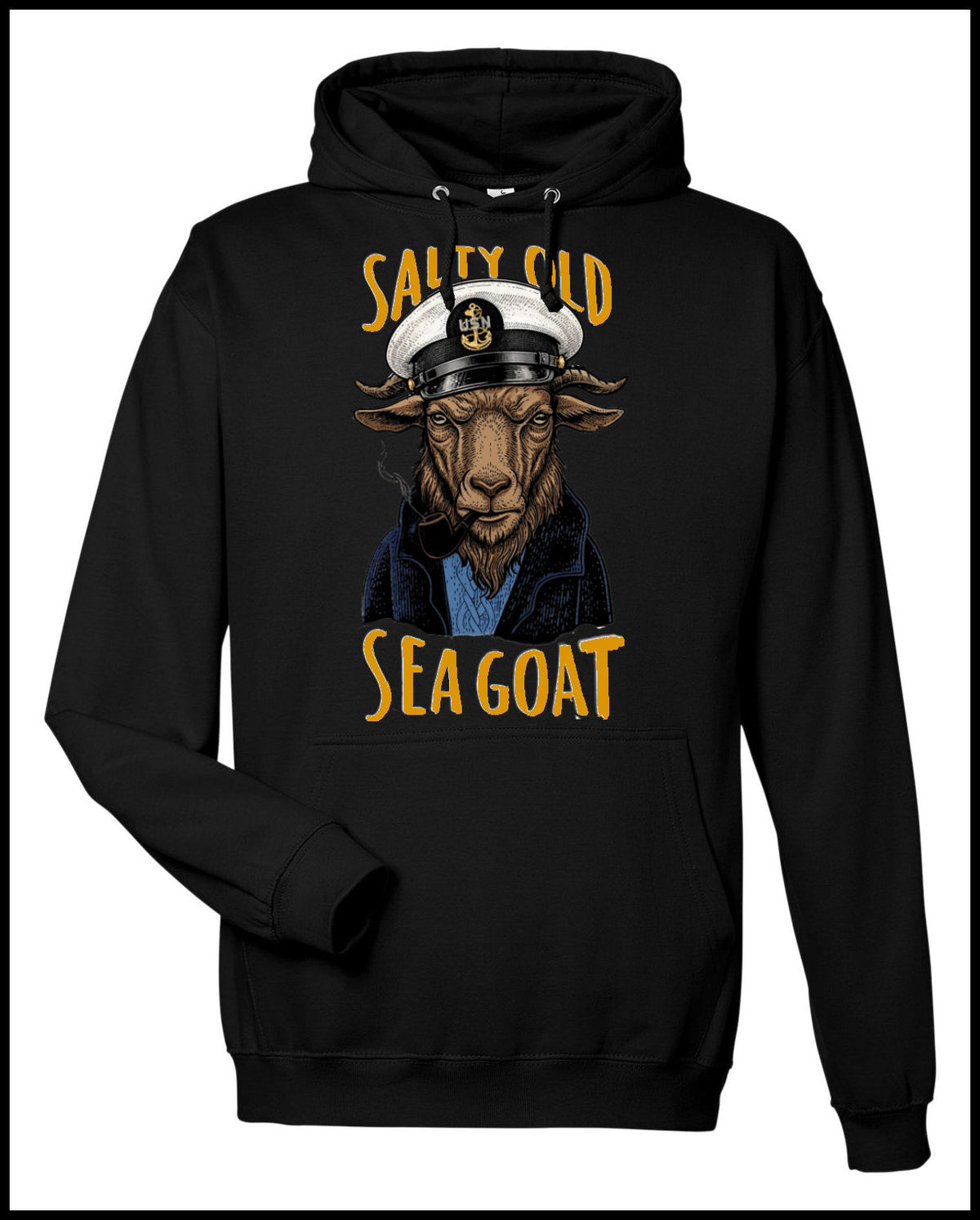 Salty Old Sea Goat Black Hooded Sweatshirt with Brown Goat