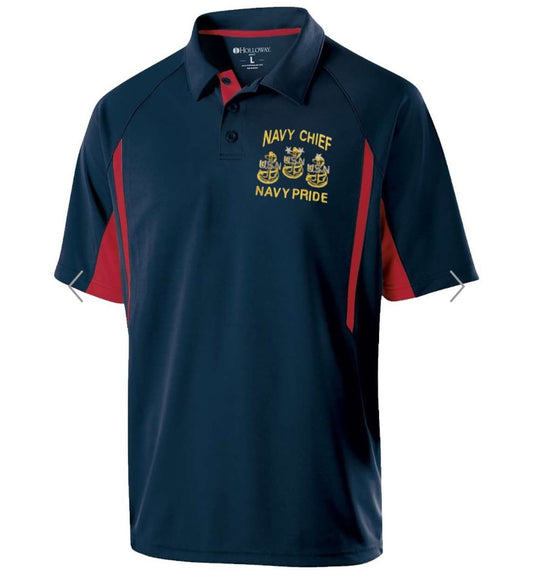 CPO Navy Chief, Navy Pride Two-Tone Navy Blue and Red Performance Polo Shirt 3 Anchors