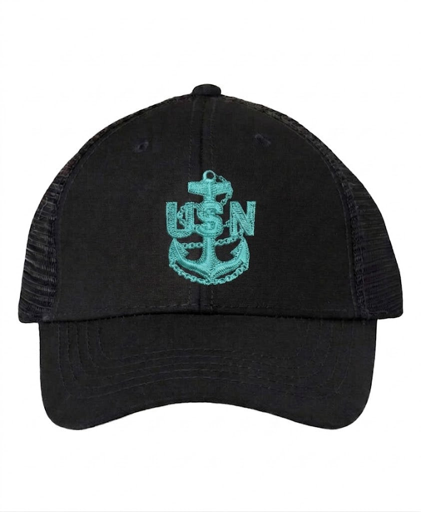 Ponytail Black and Tahiti Blue CPO Trucker Hat