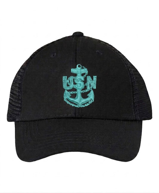 Ponytail Black and Tahiti Blue CPO Trucker Hat