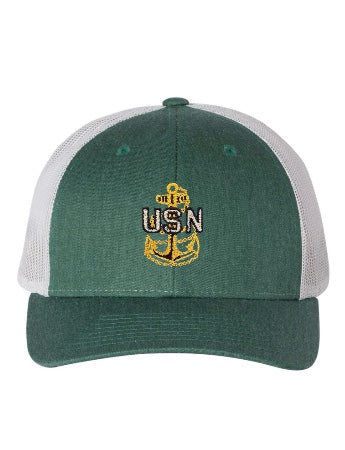 Heather Dark Green and Silver Trucker Hat with Gold Anchor