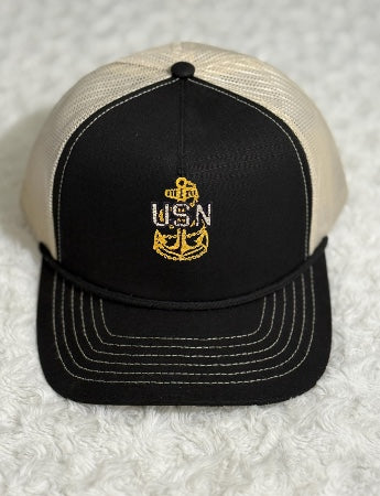 Black and Khaki Lariat Ripstop Trucker Hat with CPO Anchor