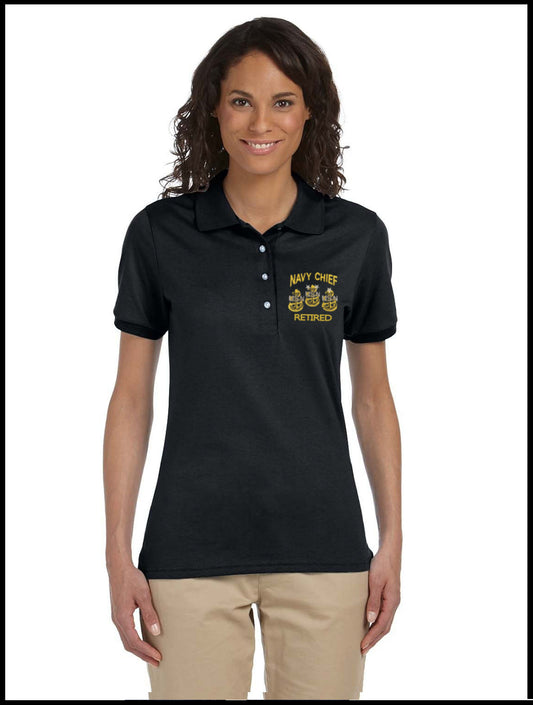 Retired Ladies CPO Navy Chief, Navy Pride Black Polo Shirt 3 Anchors