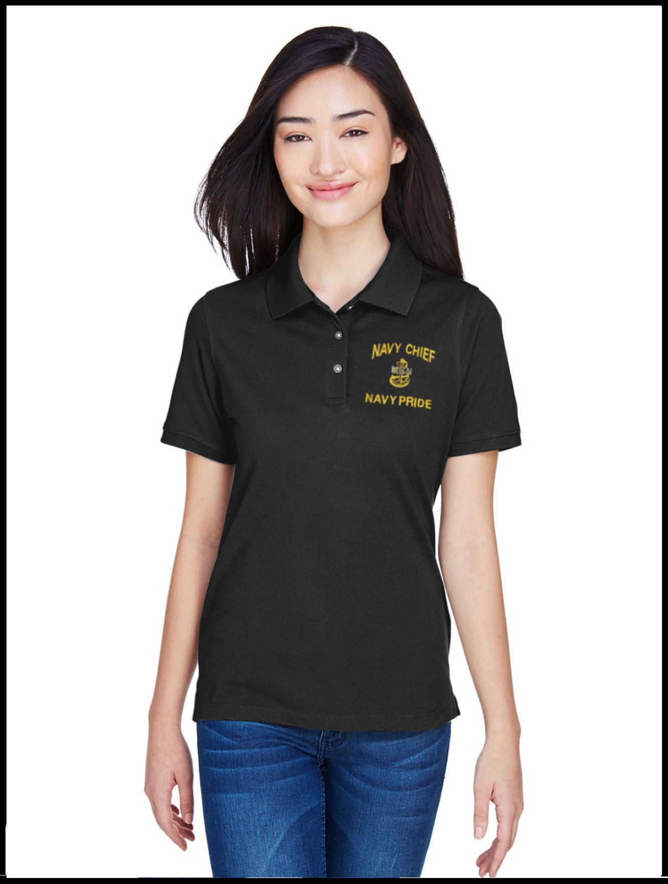 Ladies Piqué CPO Polo Shirt Black Navy Chief, Navy Pride 1 Anchor