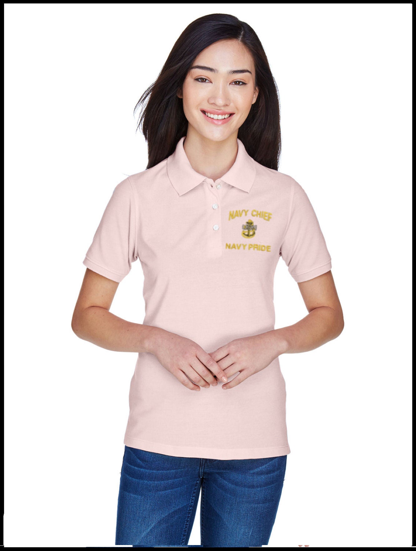 Ladies Piqué CPO Polo Shirt Blush Navy Chief, Navy Pride 1 Anchor