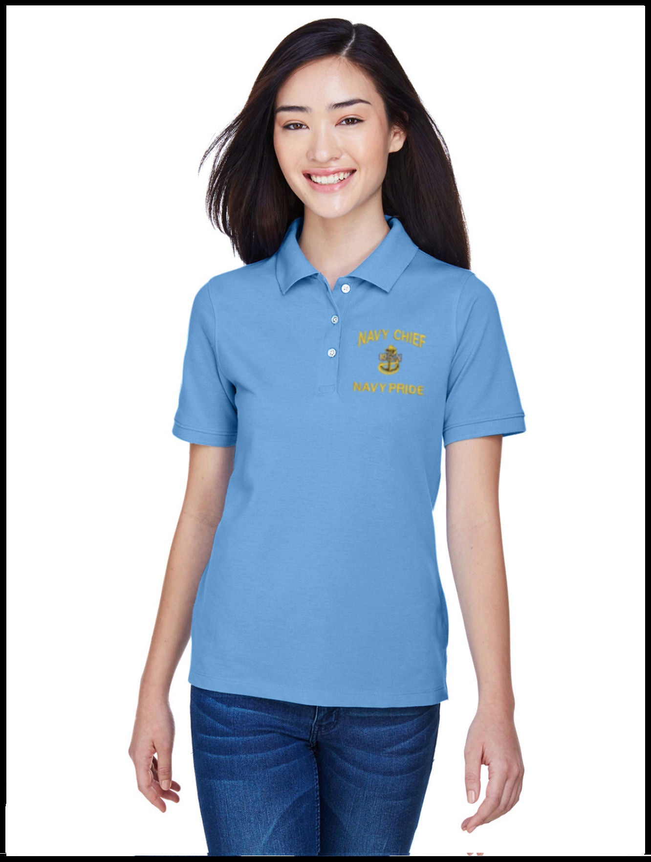 Ladies Piqué CPO Polo Shirt Light Blue Navy Chief, Navy Pride 1 Anchor