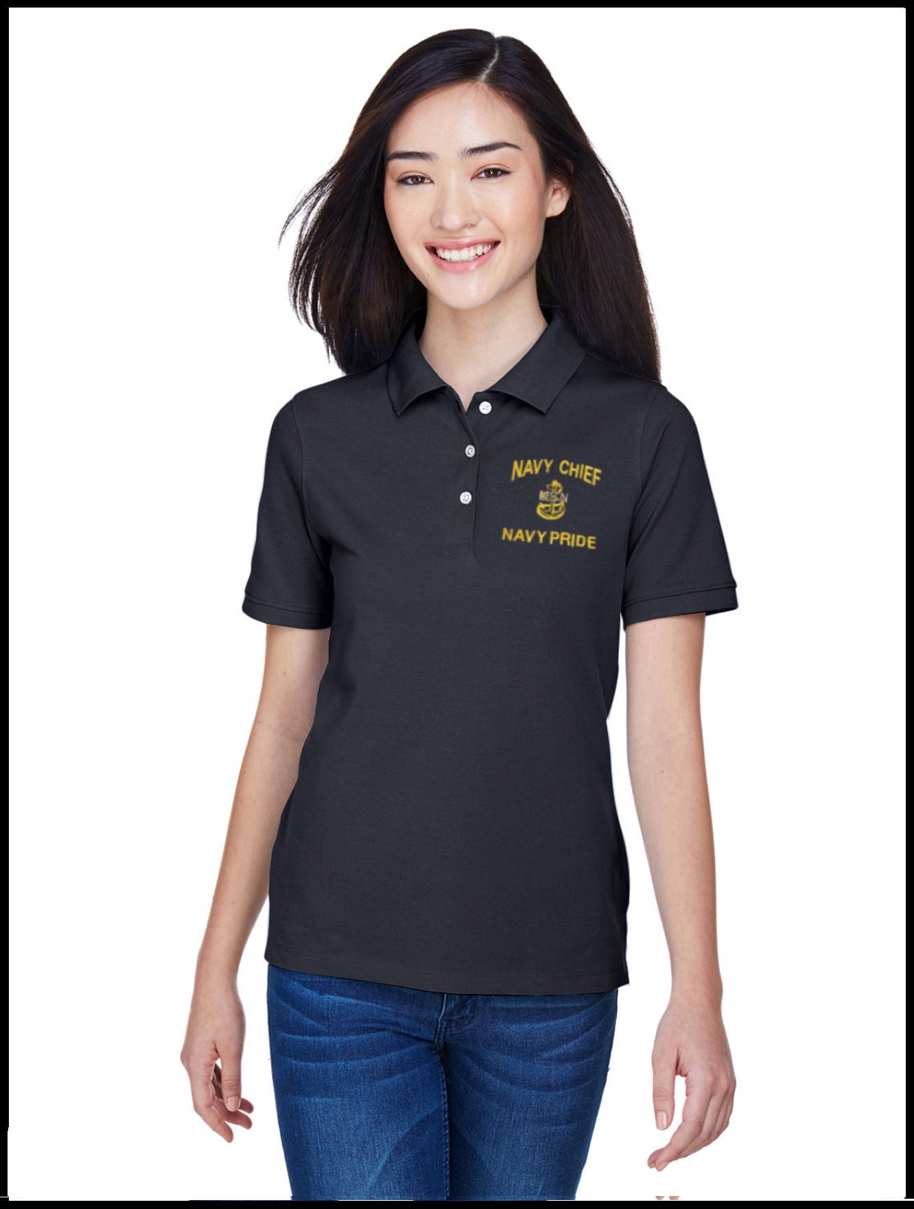 Ladies Piqué CPO Polo Shirt Navy Blue Navy Chief, Navy Pride 1 Anchor