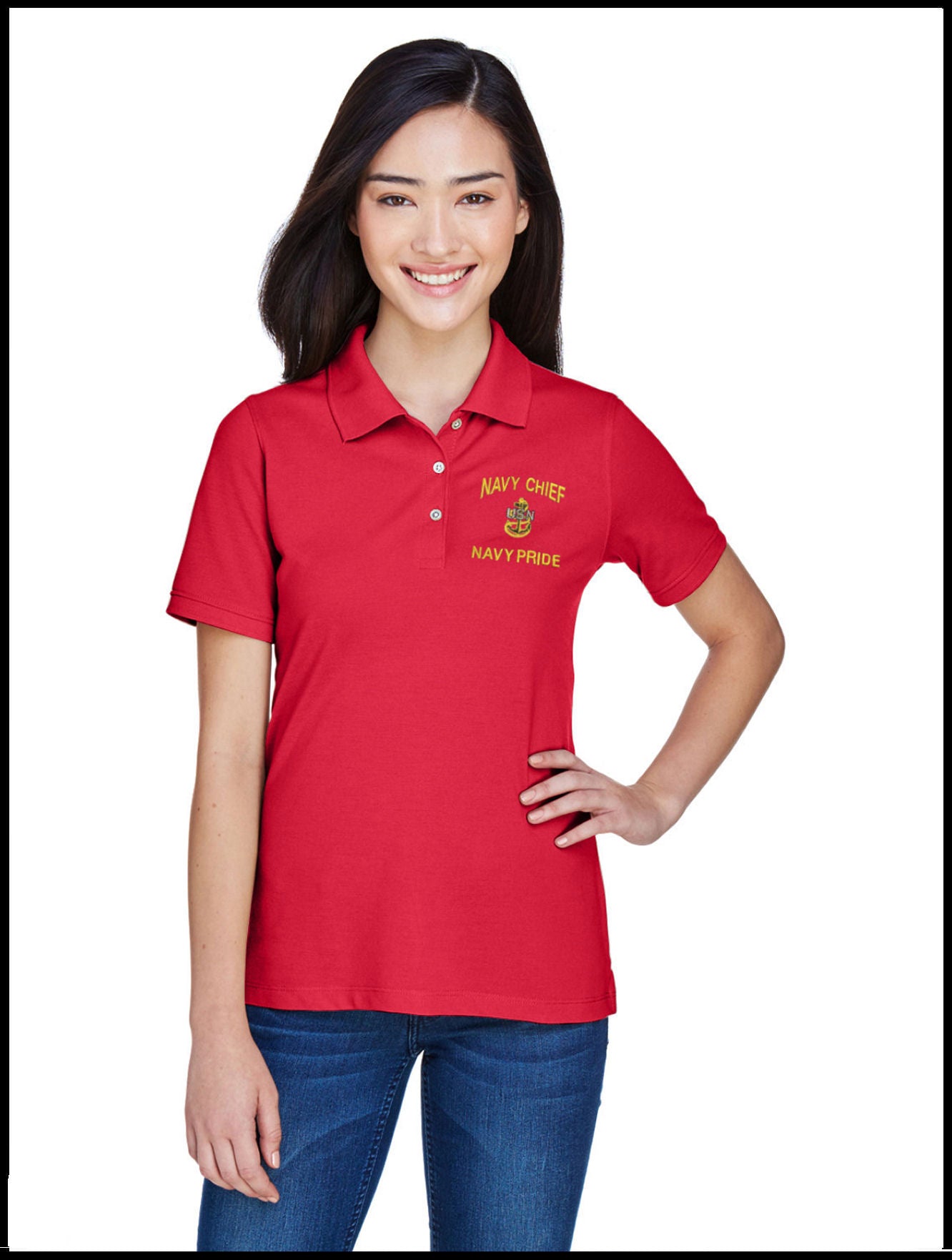 Ladies Piqué CPO Polo Shirt Red Navy Chief, Navy Pride 1 Anchor