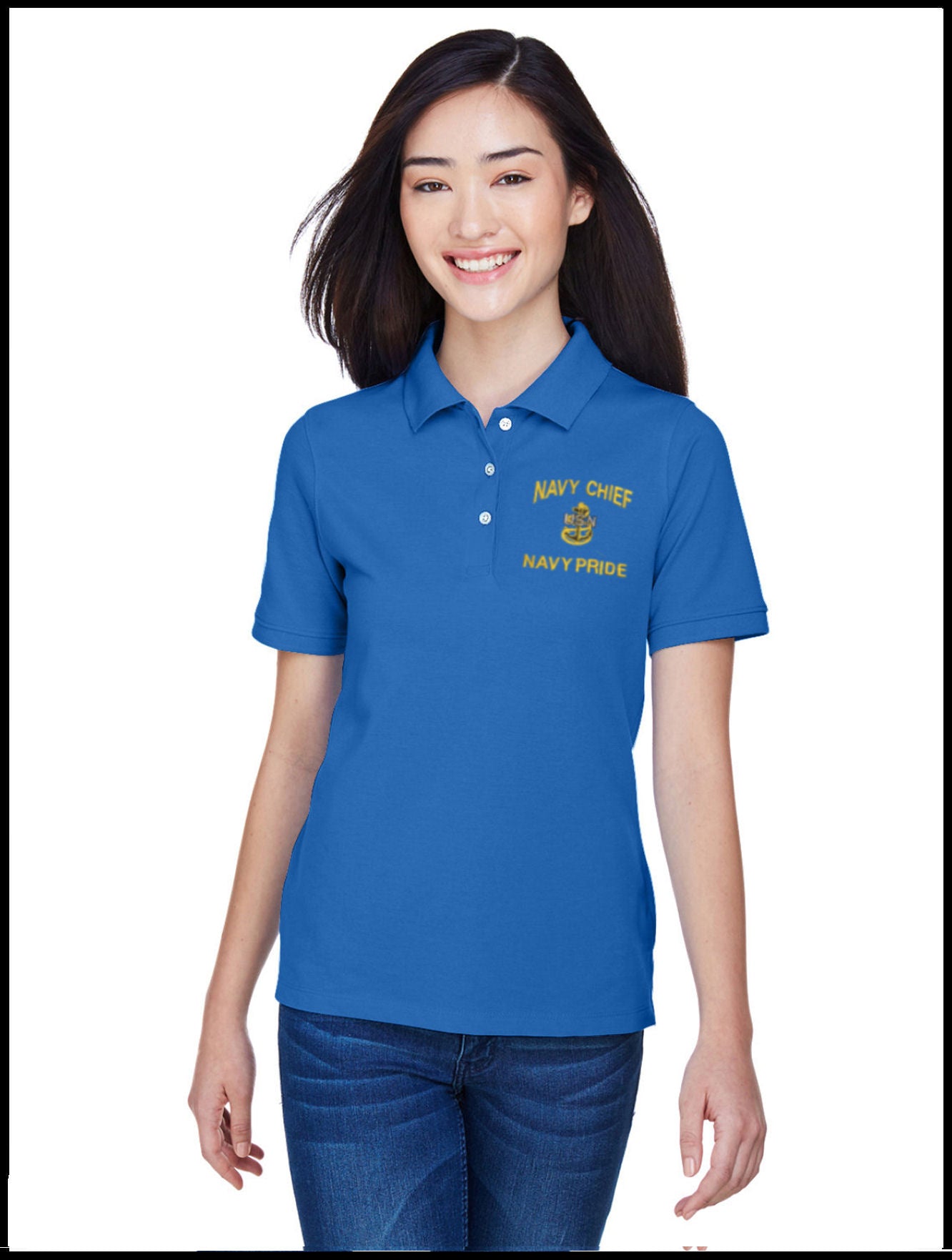 Ladies Piqué CPO Polo Shirt Royal Blue Navy Chief, Navy Pride 1 Anchor