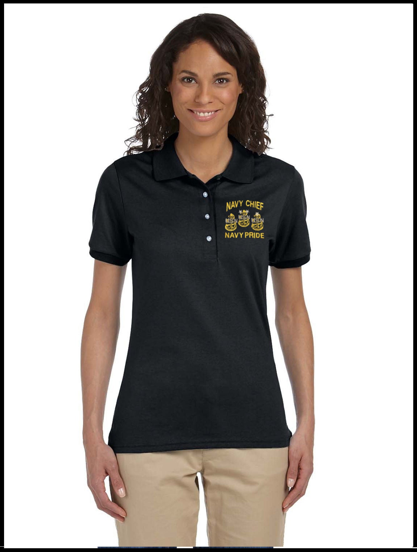 Ladies CPO Navy Chief, Navy Pride  Black Polo Shirt 3 Anchors