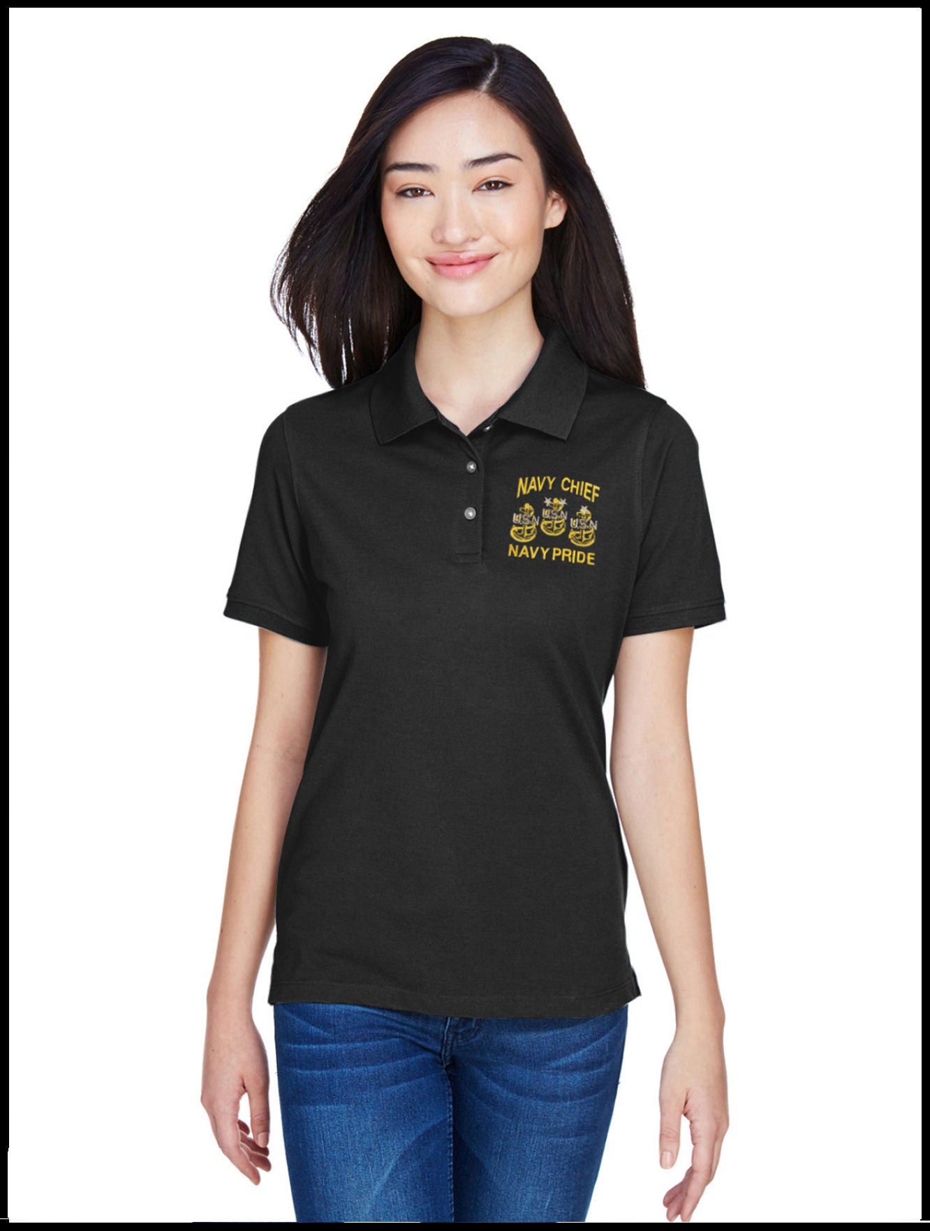 Ladies Piqué CPO Polo Shirt Black Navy Chief, Navy Pride 3 Anchors