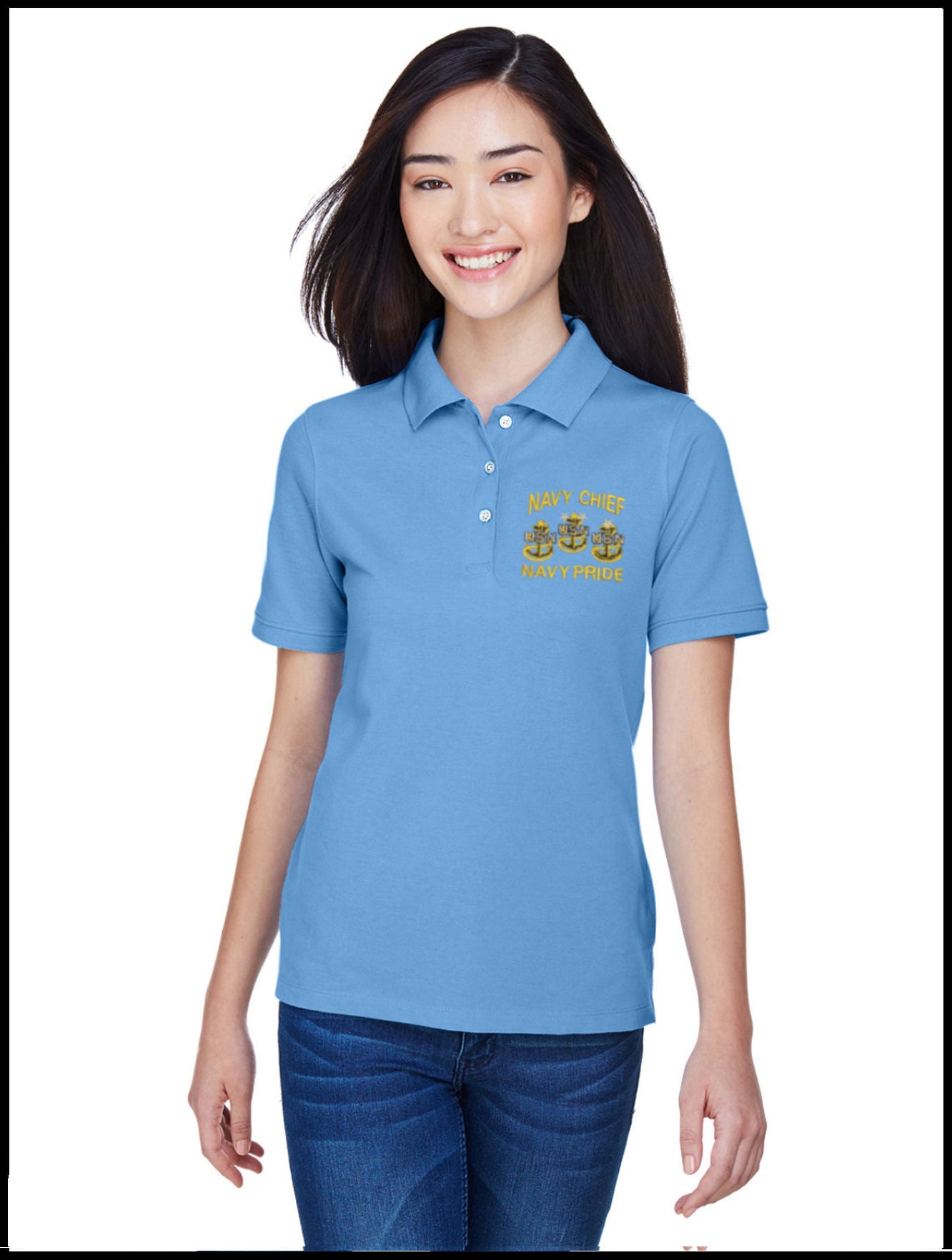 Ladies Piqué CPO Polo Shirt Light Blue Navy Chief, Navy Pride 3 Anchors