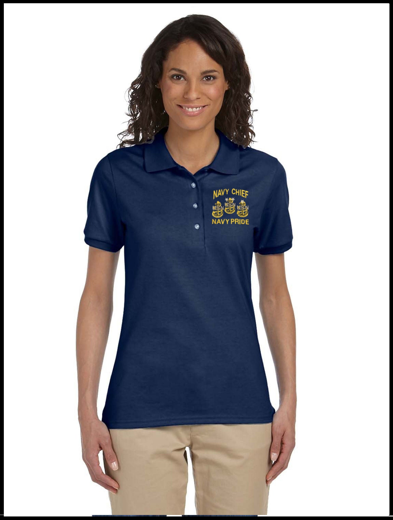 Ladies CPO Navy Chief, Navy Pride Navy Blue Polo Shirt 3 Anchors