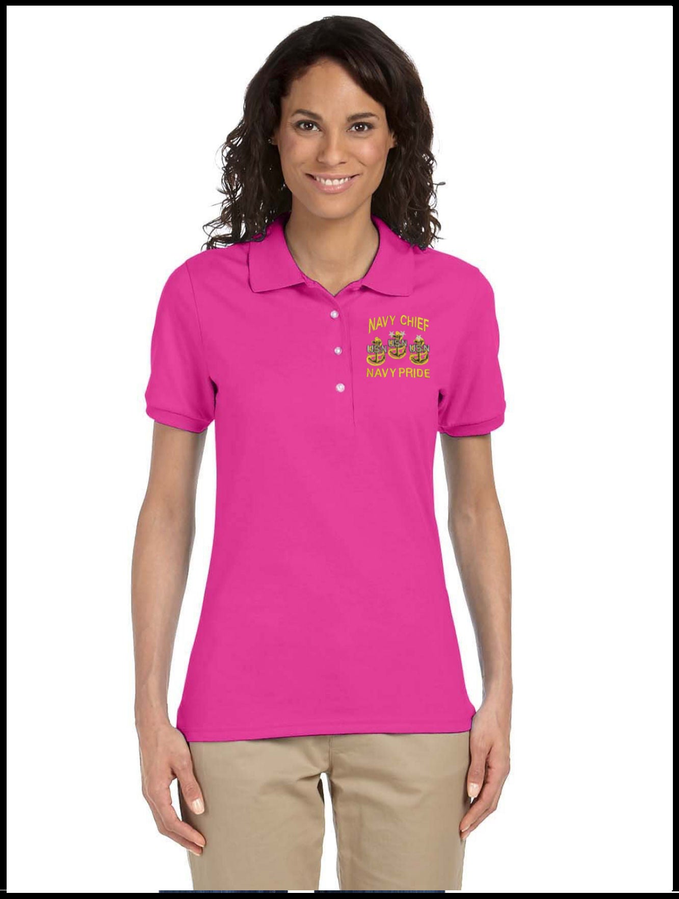 Ladies CPO Navy Chief, Navy Pride Pink Polo Shirt 3 Anchors