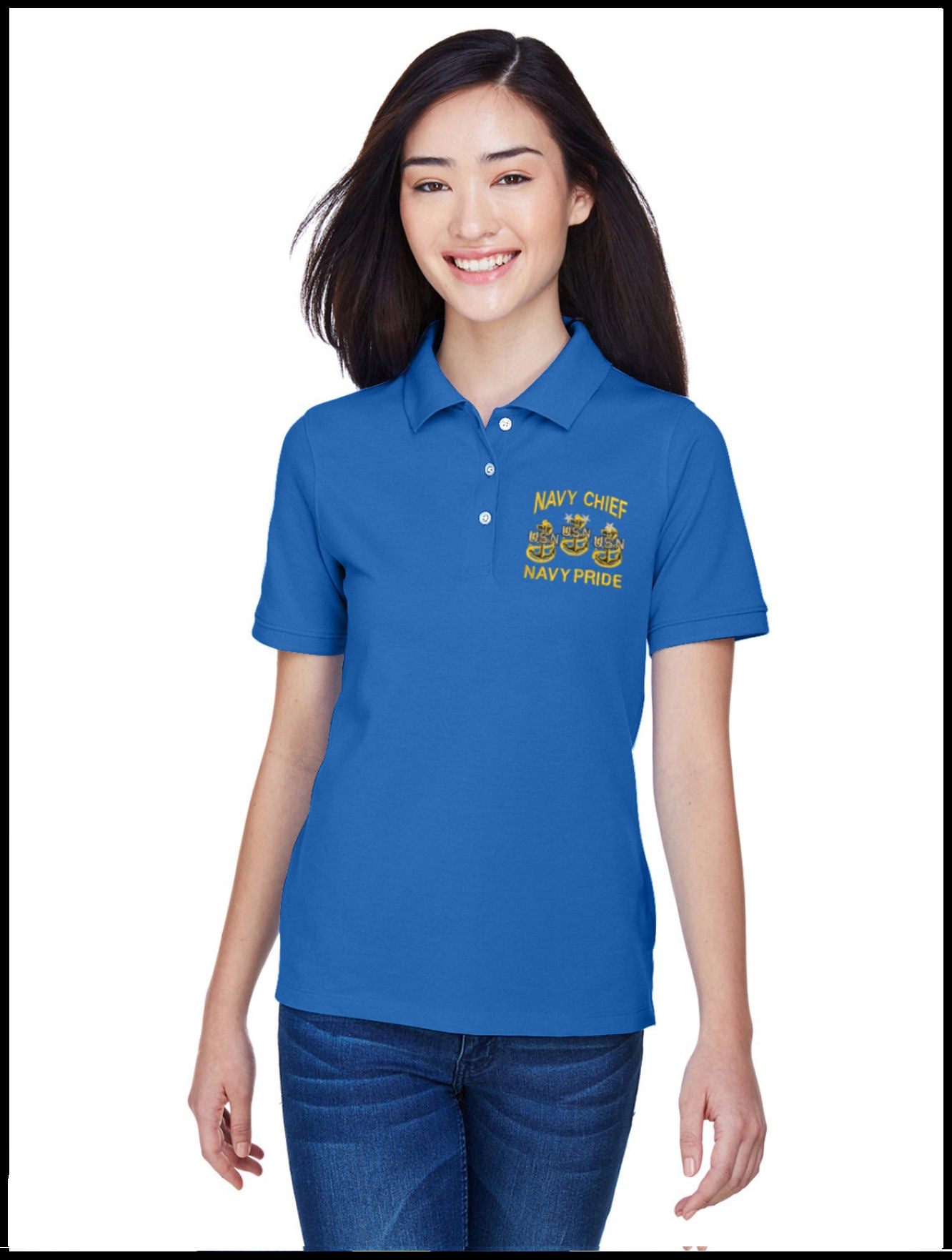 Ladies Piqué CPO Polo Shirt Royal Blue Navy Chief, Navy Pride 3 Anchors