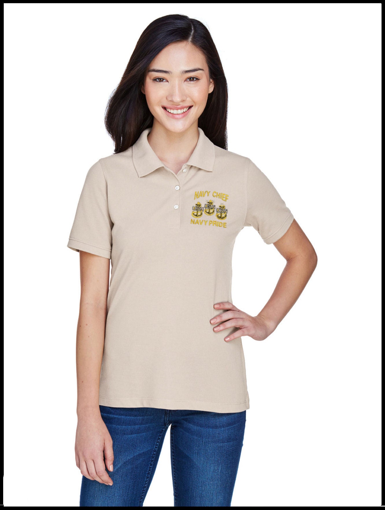 Ladies Piqué CPO Polo Shirt Tan Navy Chief, Navy Pride 3 Anchors