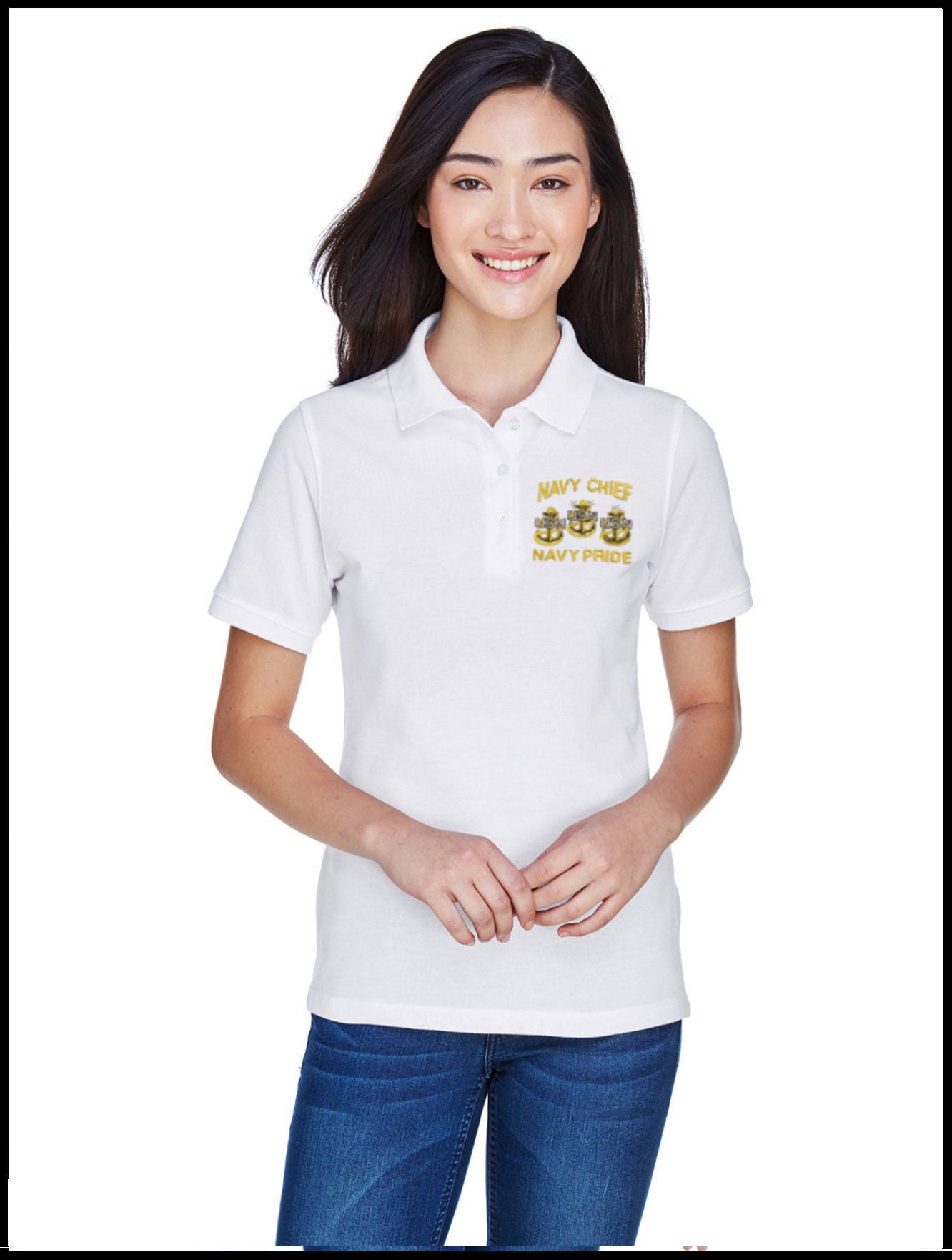 Ladies Piqué CPO Polo Shirt White Navy Chief, Navy Pride 3 Anchors