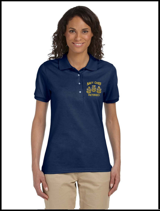 Retired Ladies CPO Navy Chief, Navy Pride Navy Blue Polo Shirt 3 Anchors